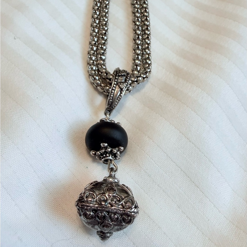 Premier Designs double strand silver necklace with Black Pendant